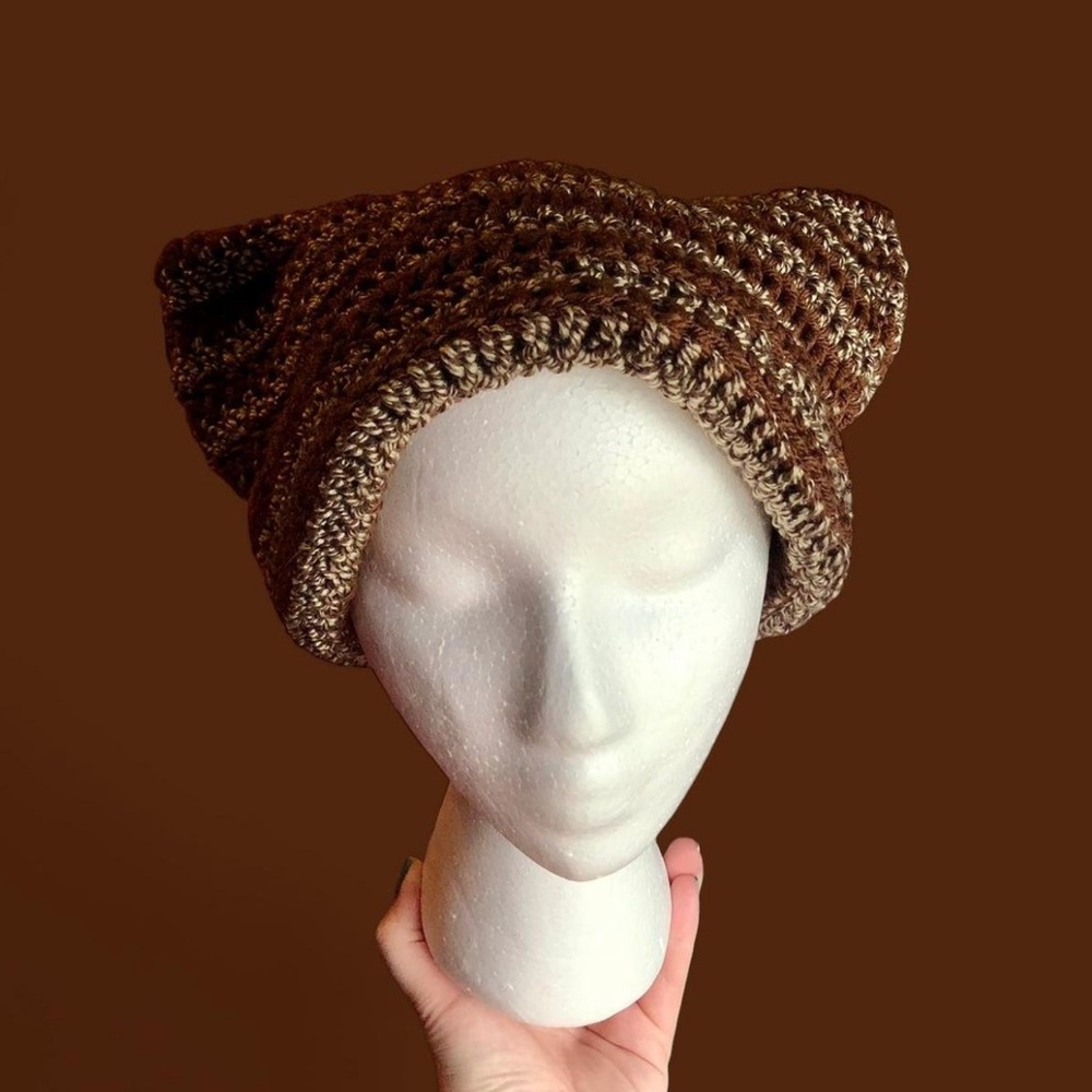 crochet brown and multi brown/tan striped cat ear beanie HANDMADE